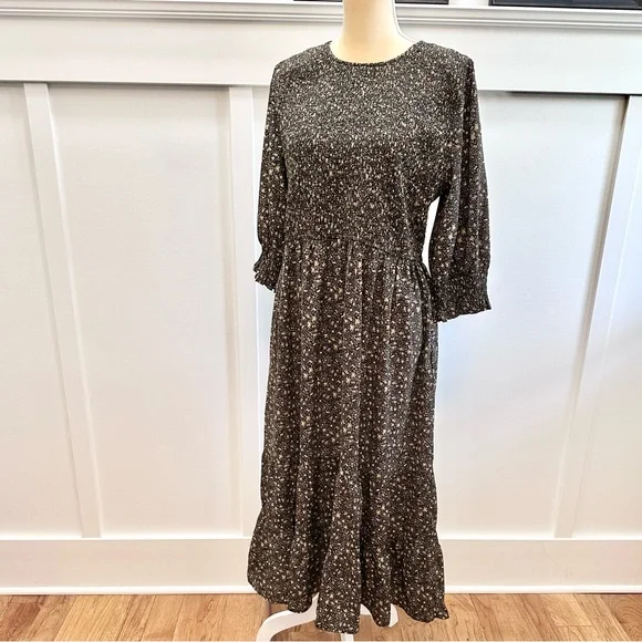 BALTIC BORN Dress Women’s XL Black & Tan Pele Tiered Midi Floral Smock New w/tag - Picture 2 of 14